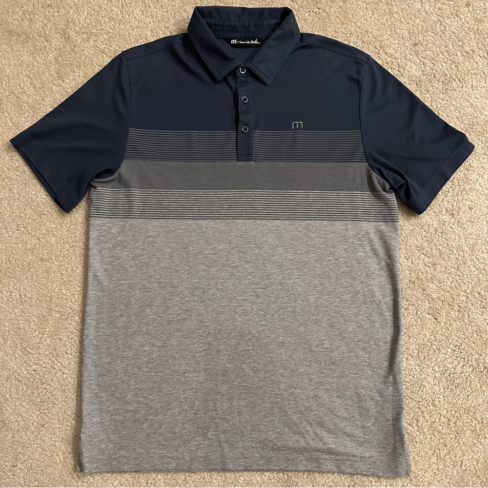TravisMathew Grey & Blue Striped Polo